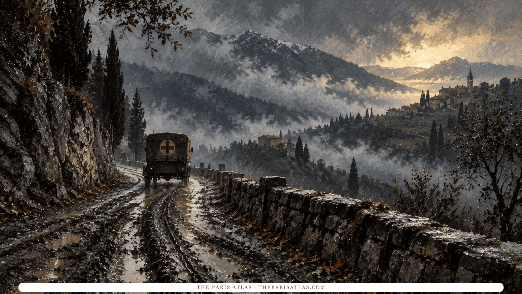 A period ambulance on an illustrated rain-darkened mountain road.