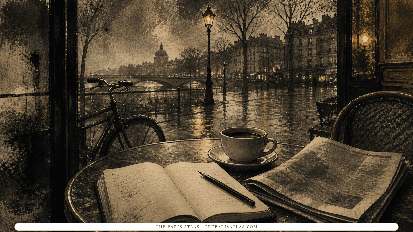 Charcoal illustration of a notebook and coffee on a rainy Paris café table beside a bicycle