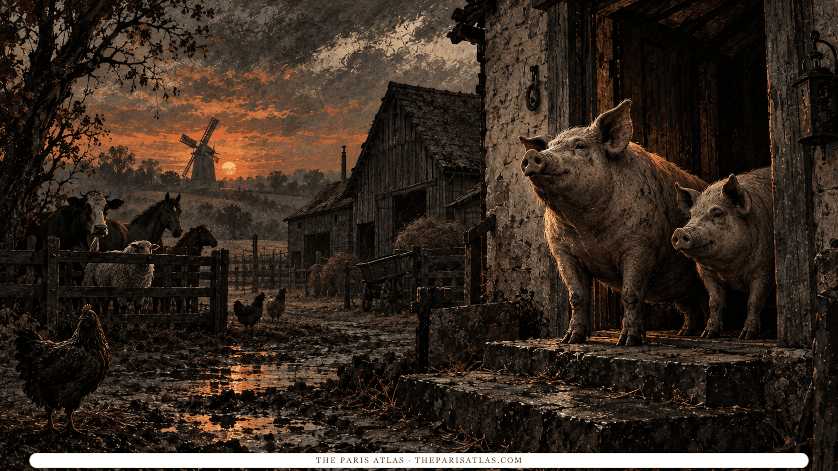 An atmospheric illustrated farmyard with pigs, a barn and a distant windmill.