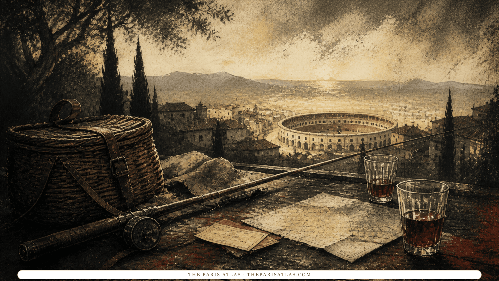 Charcoal illustration of fishing gear, café glasses, and a distant Spanish bullring at sunset