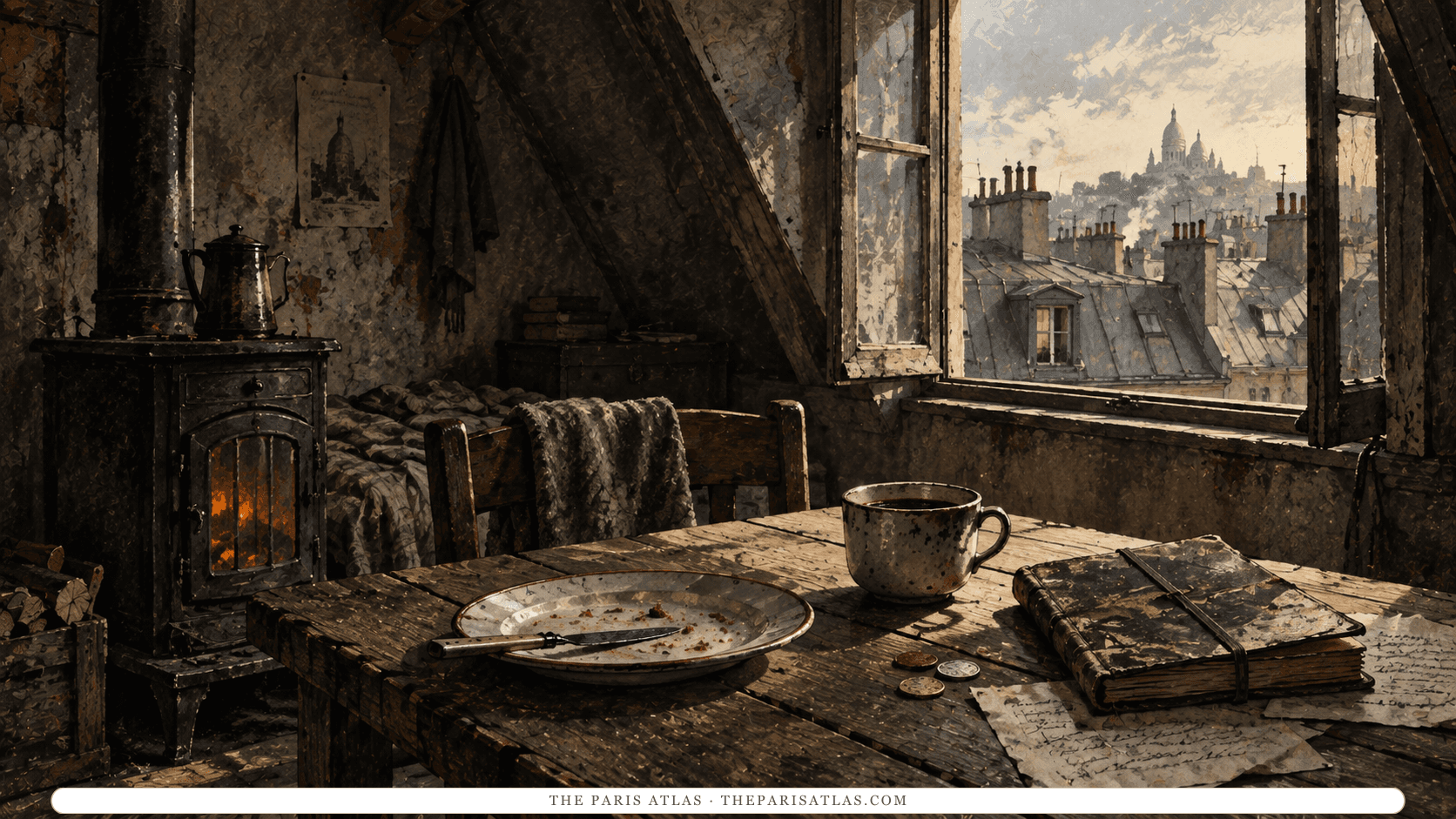 A notebook, coffee cup and nearly empty plate in an illustrated Paris attic.