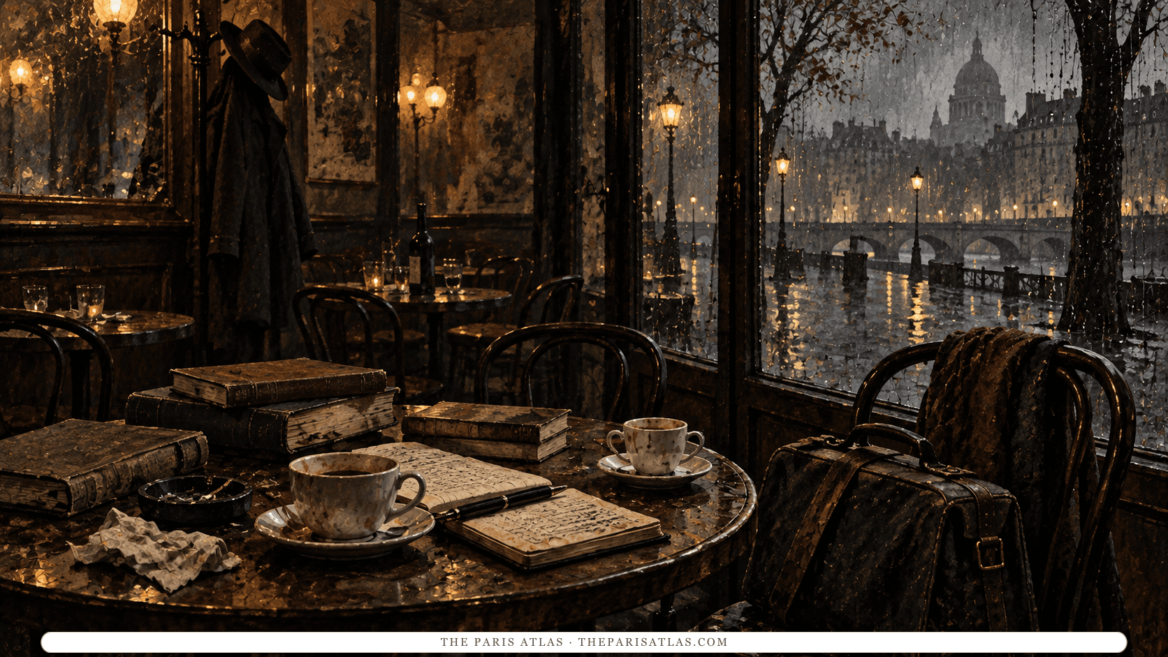 Books and notebooks on an illustrated café table in 1920s Paris.