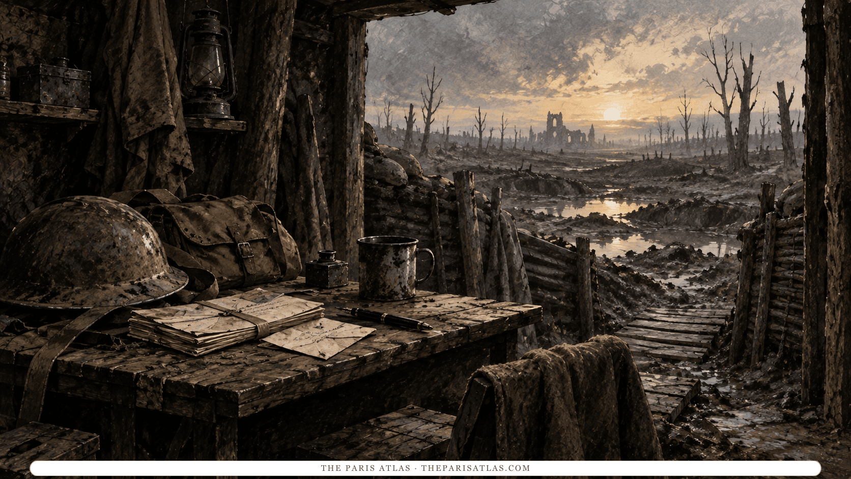 Letters, a satchel and a helmet beside an illustrated landscape after war.